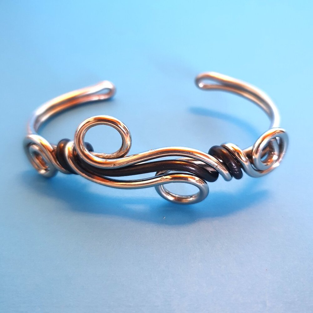 2.5'' Handcrafted Silver Wave Cuff Bracelet with Black Wire Accents Swirl Design